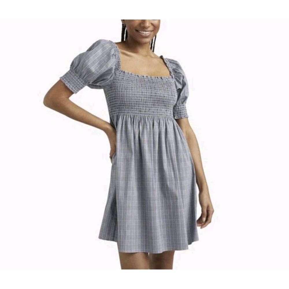 Hill House Athena Gray Blue Plaid Check Puff Slee… - image 1